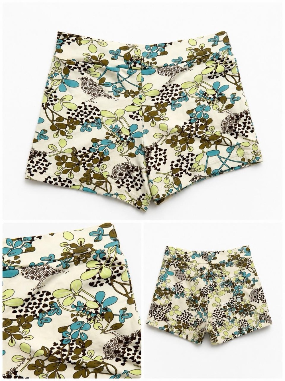 Floral-Print High-Rise Athletic Shorts in Cream with Blue & Olive